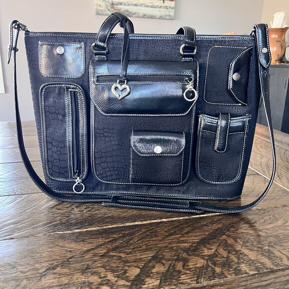 Brighton for Business Black Multi Pocket Canvas and Leather Laptop Tote Bag - Picture 1 of 8